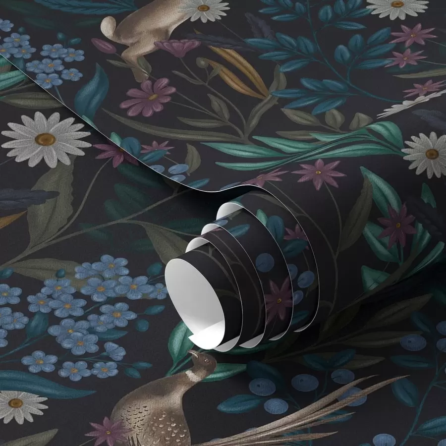 Papier peint Forêt sombre avec des fleurs, un lièvre et un oiseau a00310