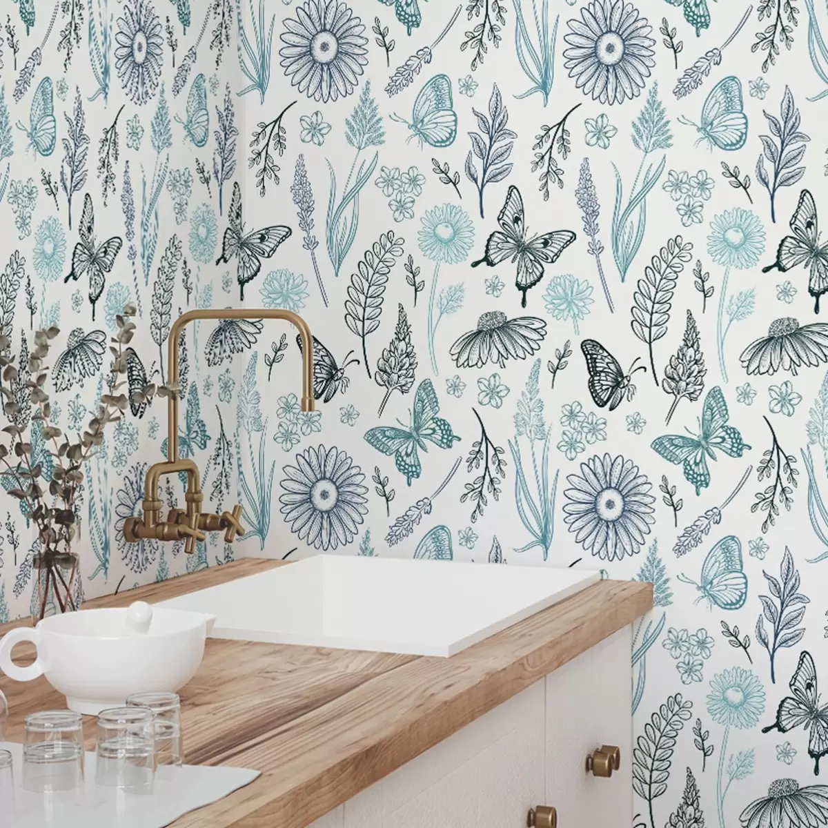 Papier peint Contourner les papillons et les fleurs dans les tons bleus et bleus a00311