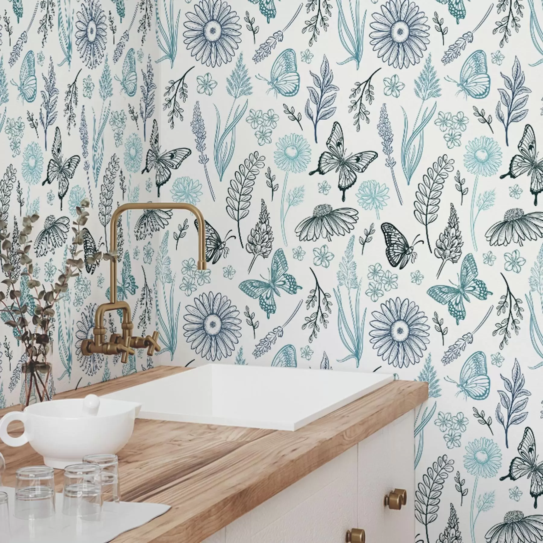 Papier peint Contourner les papillons et les fleurs dans les tons bleus et bleus a00311
