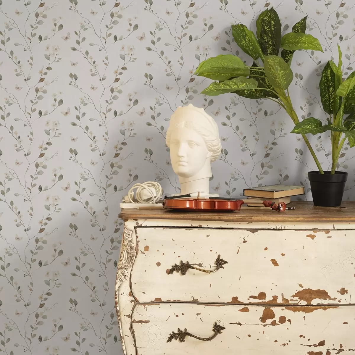 Papier peint Branches fines avec fleurs et papillons sur fond blanc a00342
