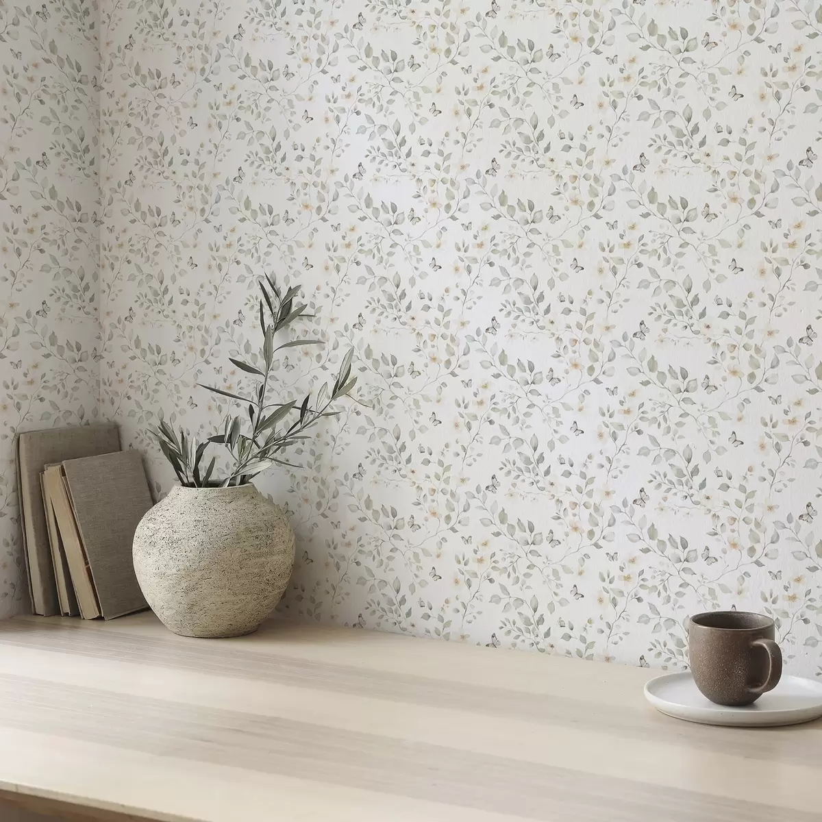 Papier peint Branches légères avec feuilles et fleurs en petites répétitions a00343