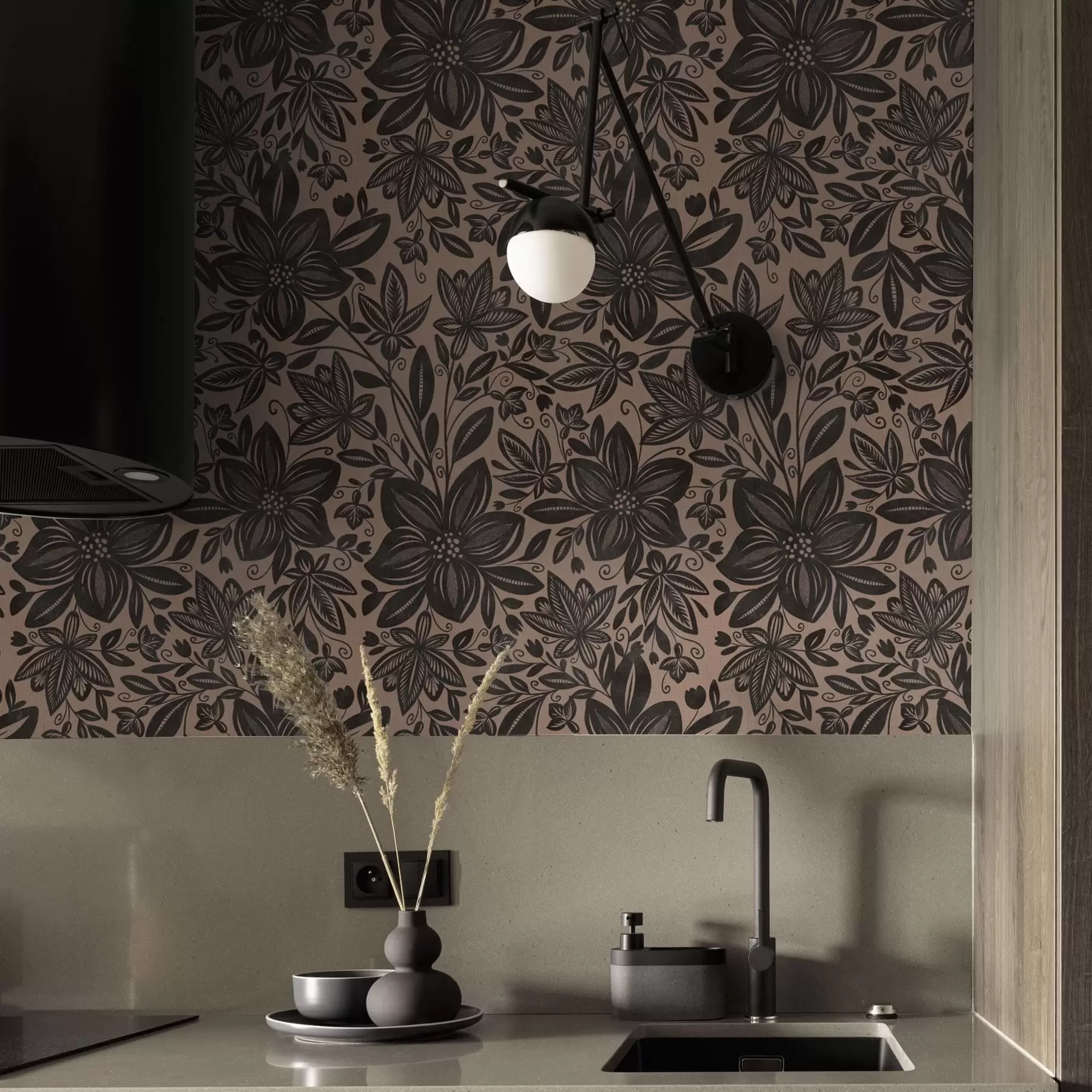 Papier peint Motif floral ethnique noir et rose et motif floral ethnique rose a00351