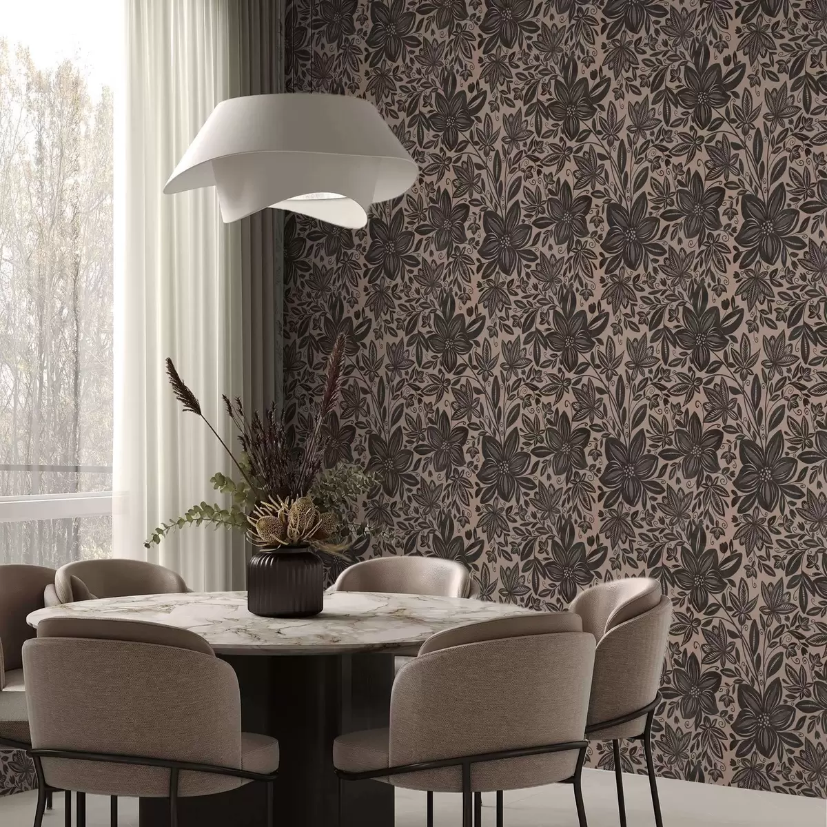 Papier peint Motif floral ethnique noir et rose et motif floral ethnique rose a00351