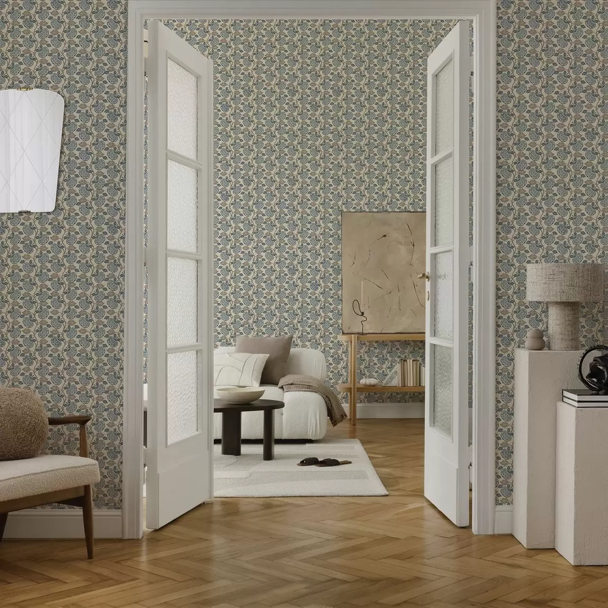 Papier peint Motif symétrique avec des éléments bleus et beiges a00360