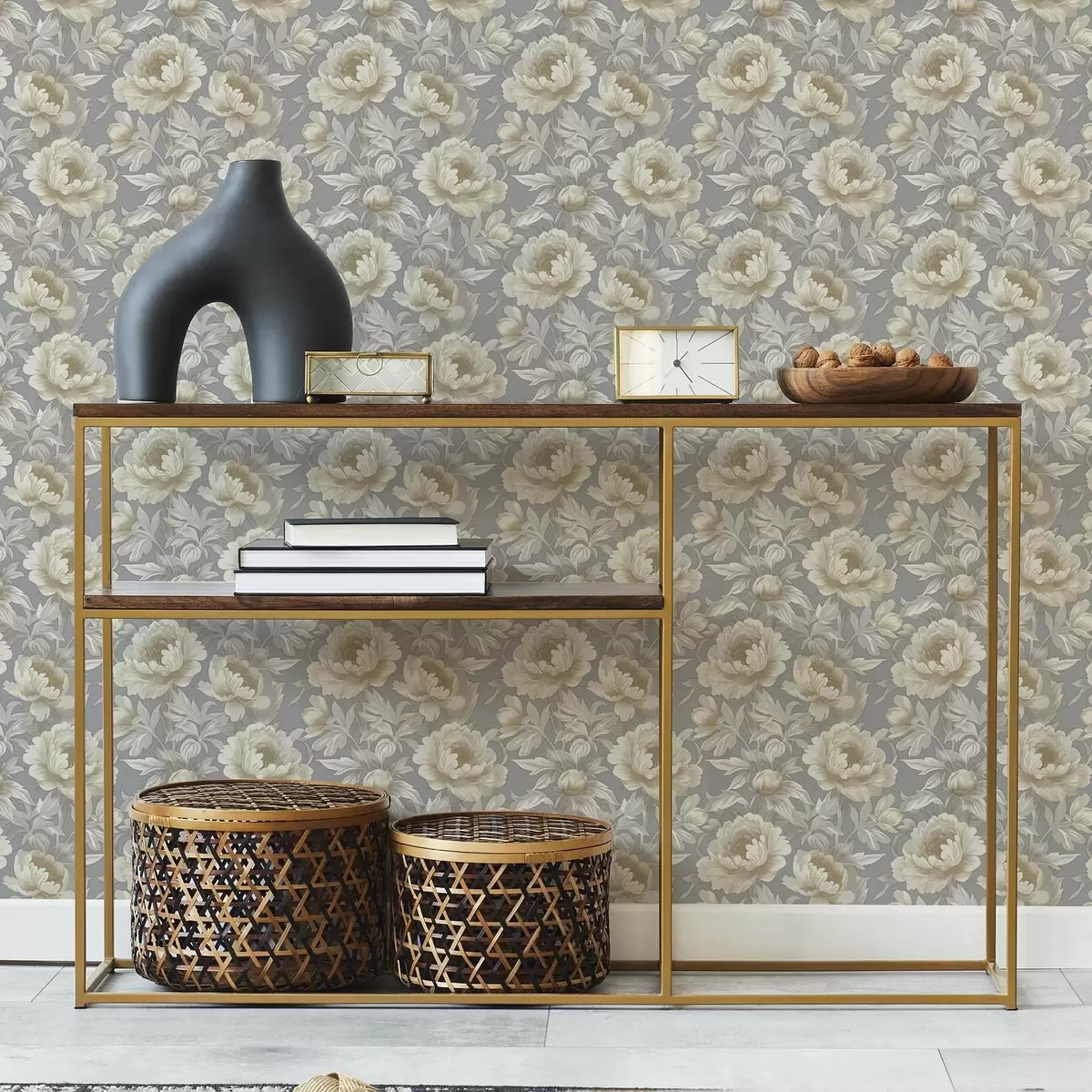 Papier peint Pivoines et feuilles luxuriantes sur fond gris a00403