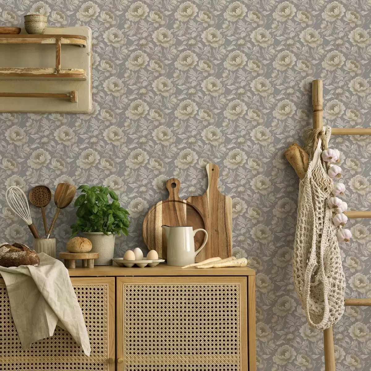 Papier peint Pivoines et feuilles luxuriantes sur fond gris a00403