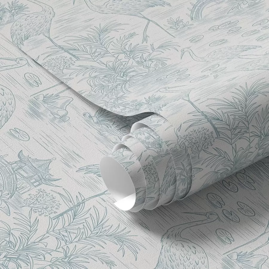 Papier peint Paysage asiatique avec grues, ponts et lotus a00405