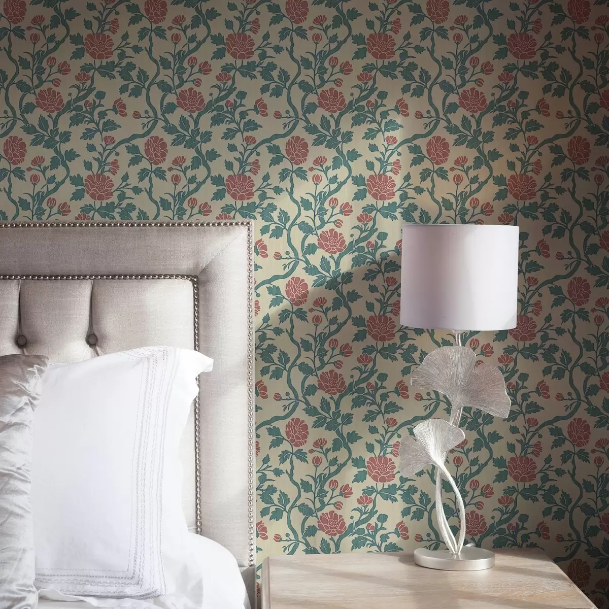 Papier peint Fleurs ornementales roses sur fond beige a00414