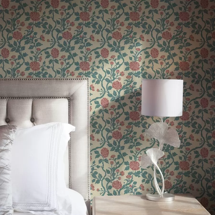 Papier peint Fleurs ornementales roses sur fond beige a00414