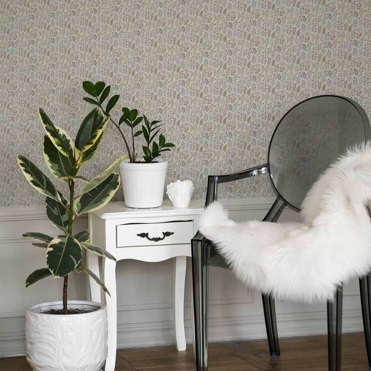 Papier peint Plantes colorées sur fond blanc à carreaux a00413