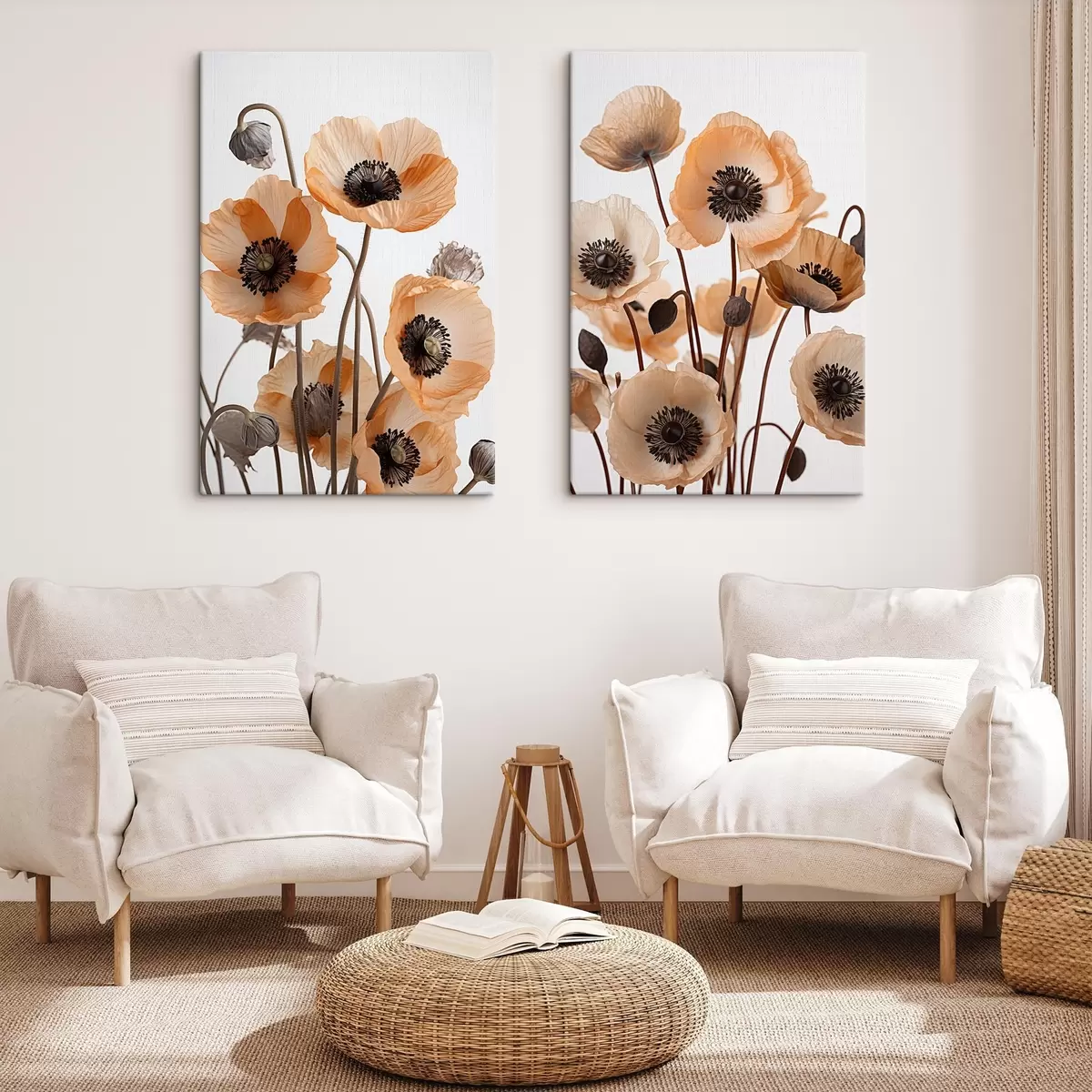 Tableau Coquelicots orange, fleurs séchées sur fond clair, éclairage doux, pétales délicats, arrangement floral m00518