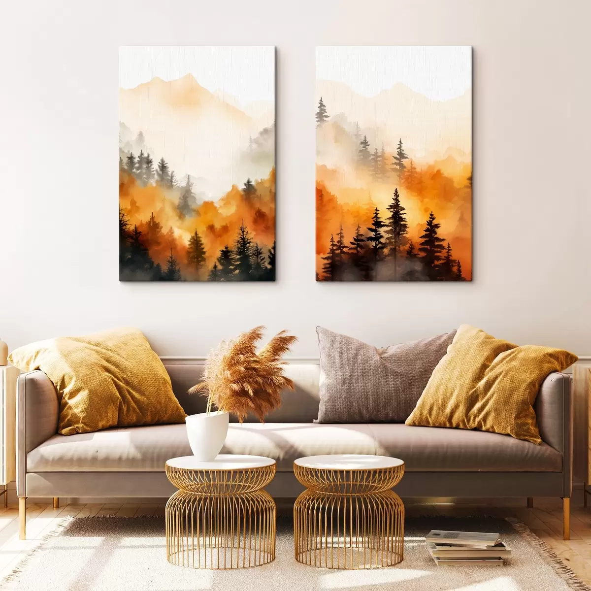 Tableau Peinture aquarelle d'un paysage imitant une forêt avec de grands pins et des montagnes en arrière-plan m00519