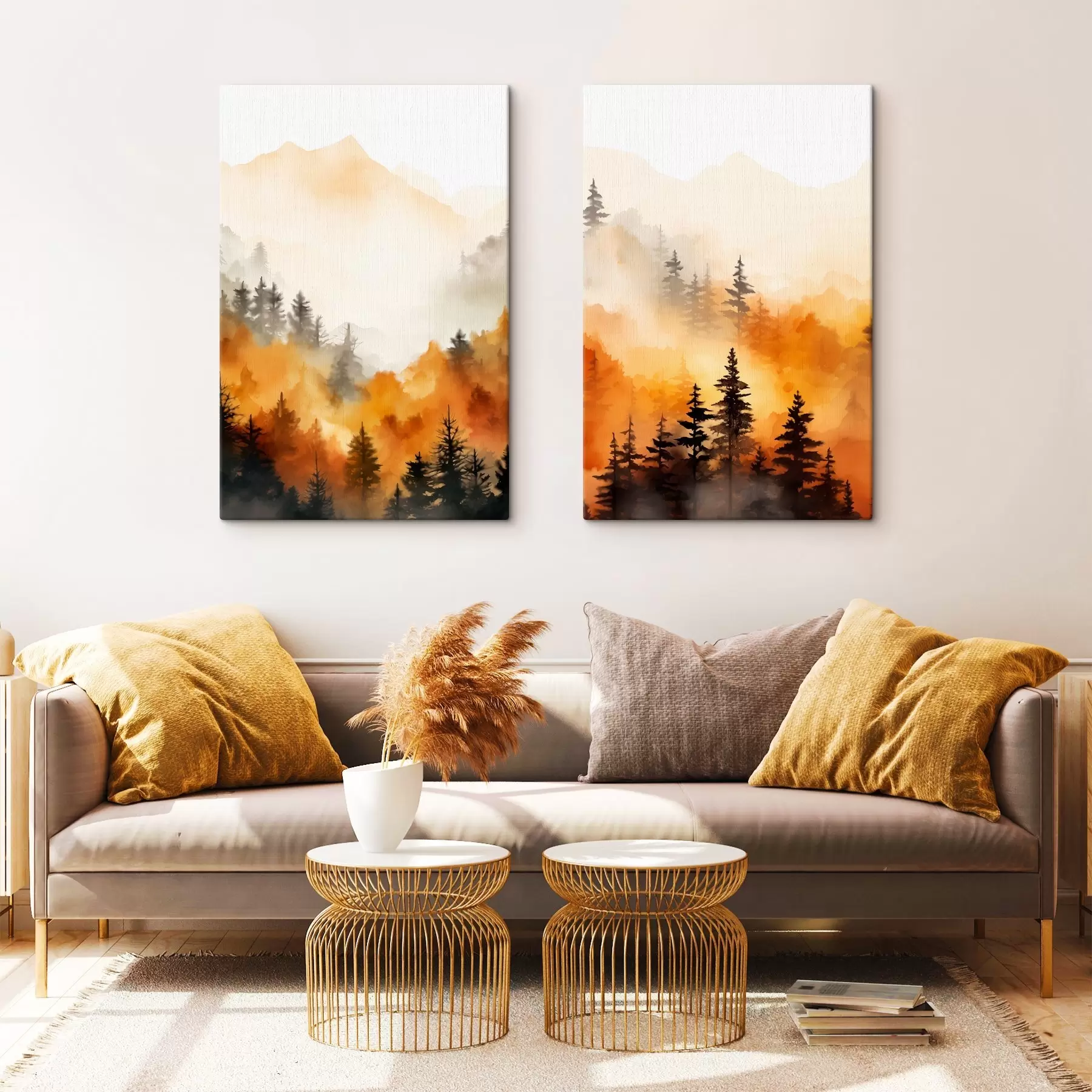 Tableau Peinture aquarelle d'un paysage imitant une forêt avec de grands pins et des montagnes en arrière-plan m00519
