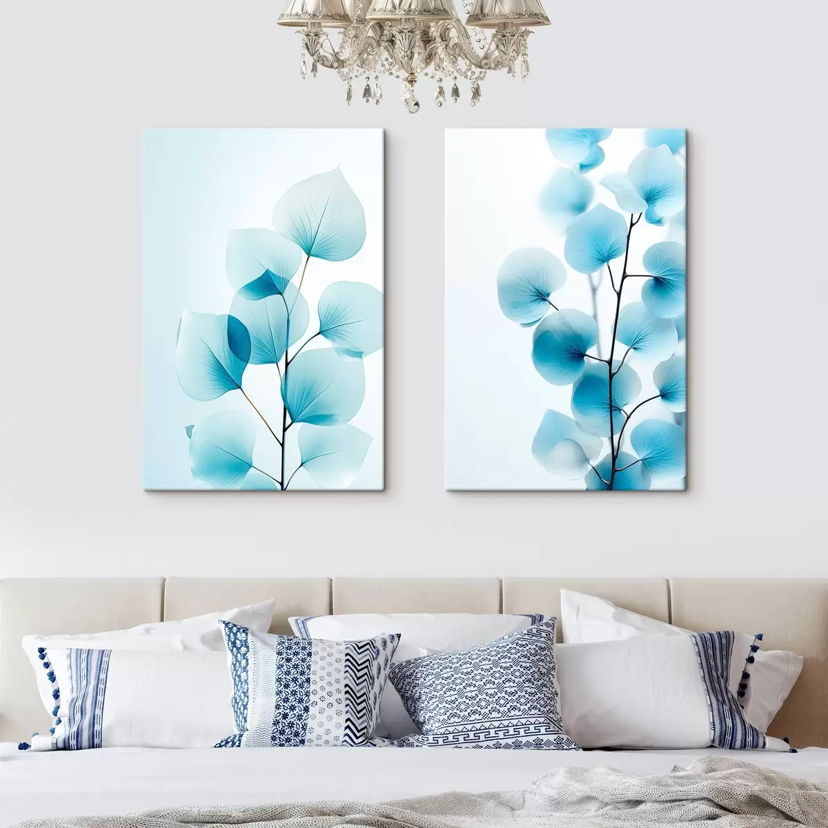 Tableau Branche avec des feuilles bleues translucides, veines délicates visibles, composition légère et calme, esthétique minimaliste m00522