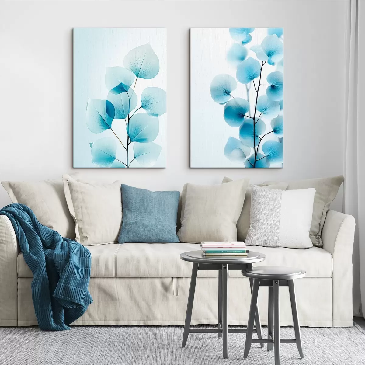 Tableau Branche avec des feuilles bleues translucides, veines délicates visibles, composition légère et calme, esthétique minimaliste m00522