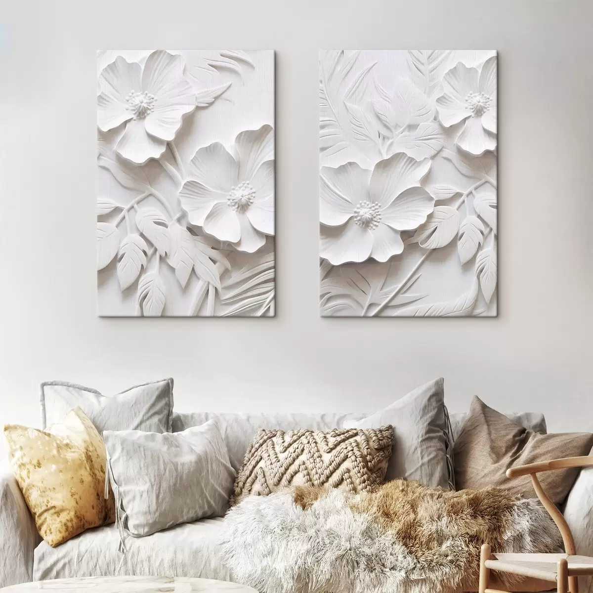 Tableau Fleurs blanches décoratives minimalistes avec feuilles, imitation relief, fond blanc m00524