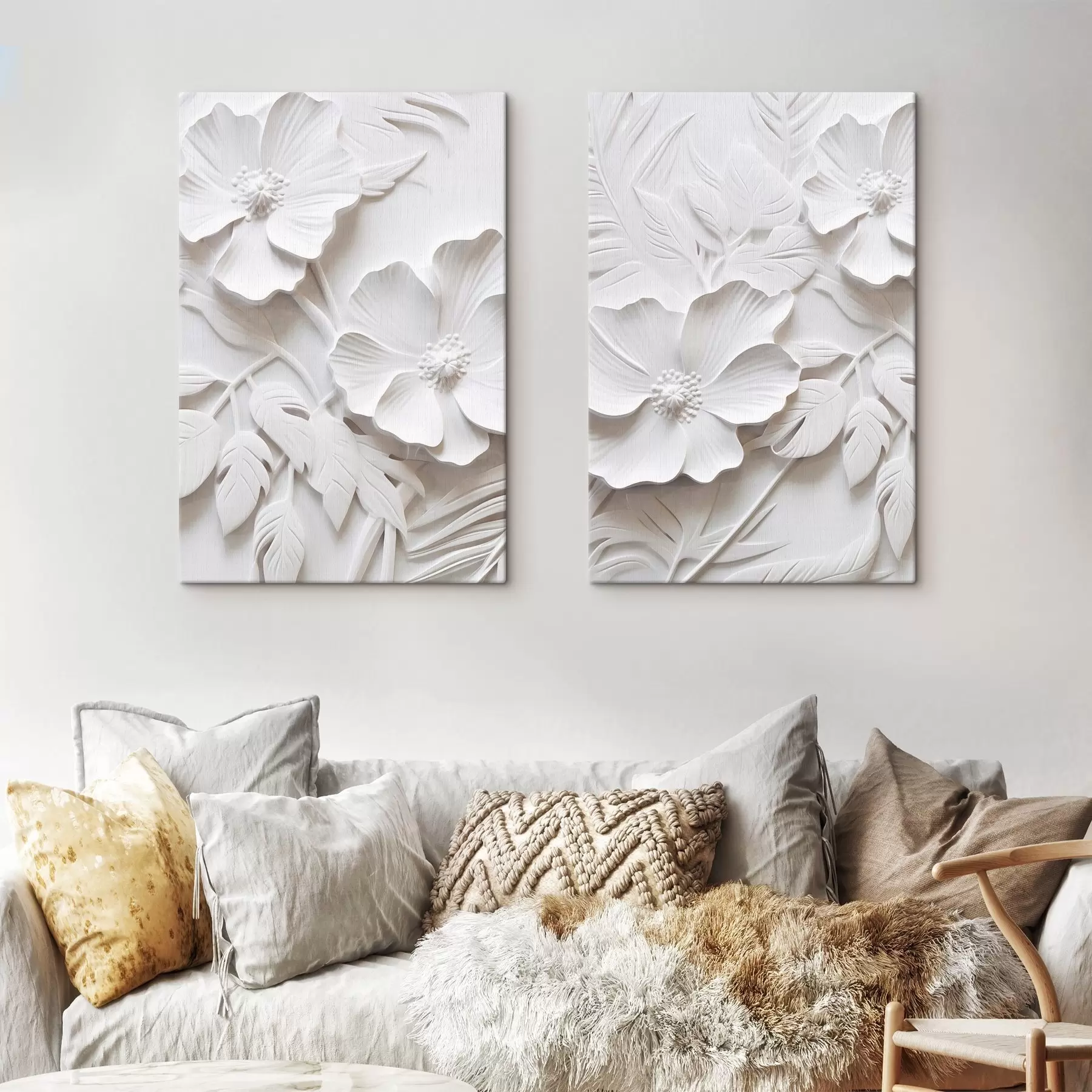Tableau Fleurs blanches décoratives minimalistes avec feuilles, imitation relief, fond blanc m00524