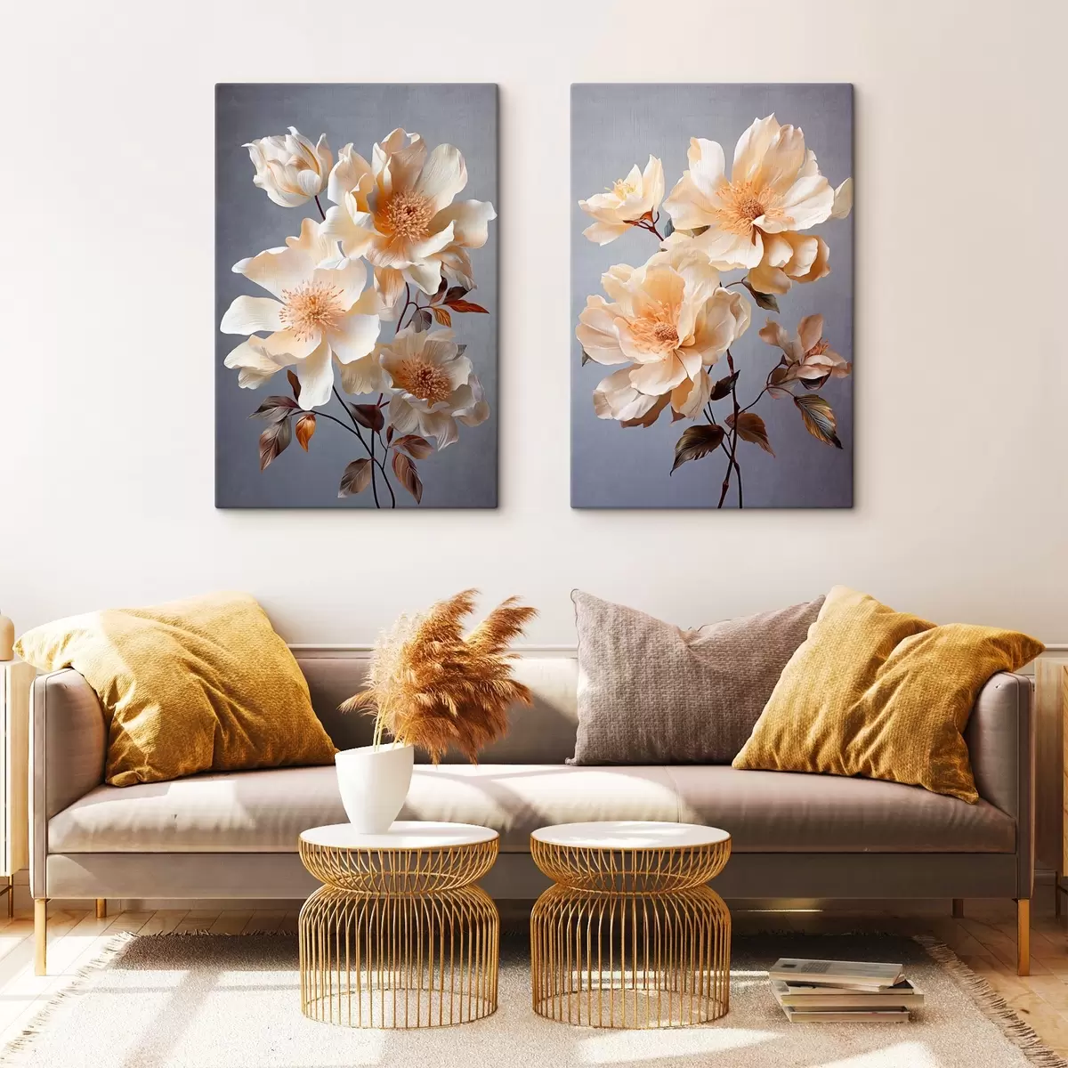 Tableau Fleurs texturées avec pistils orange et feuilles orange sur fond gris, lumière douce, élégant, détaillé, réaliste m00525