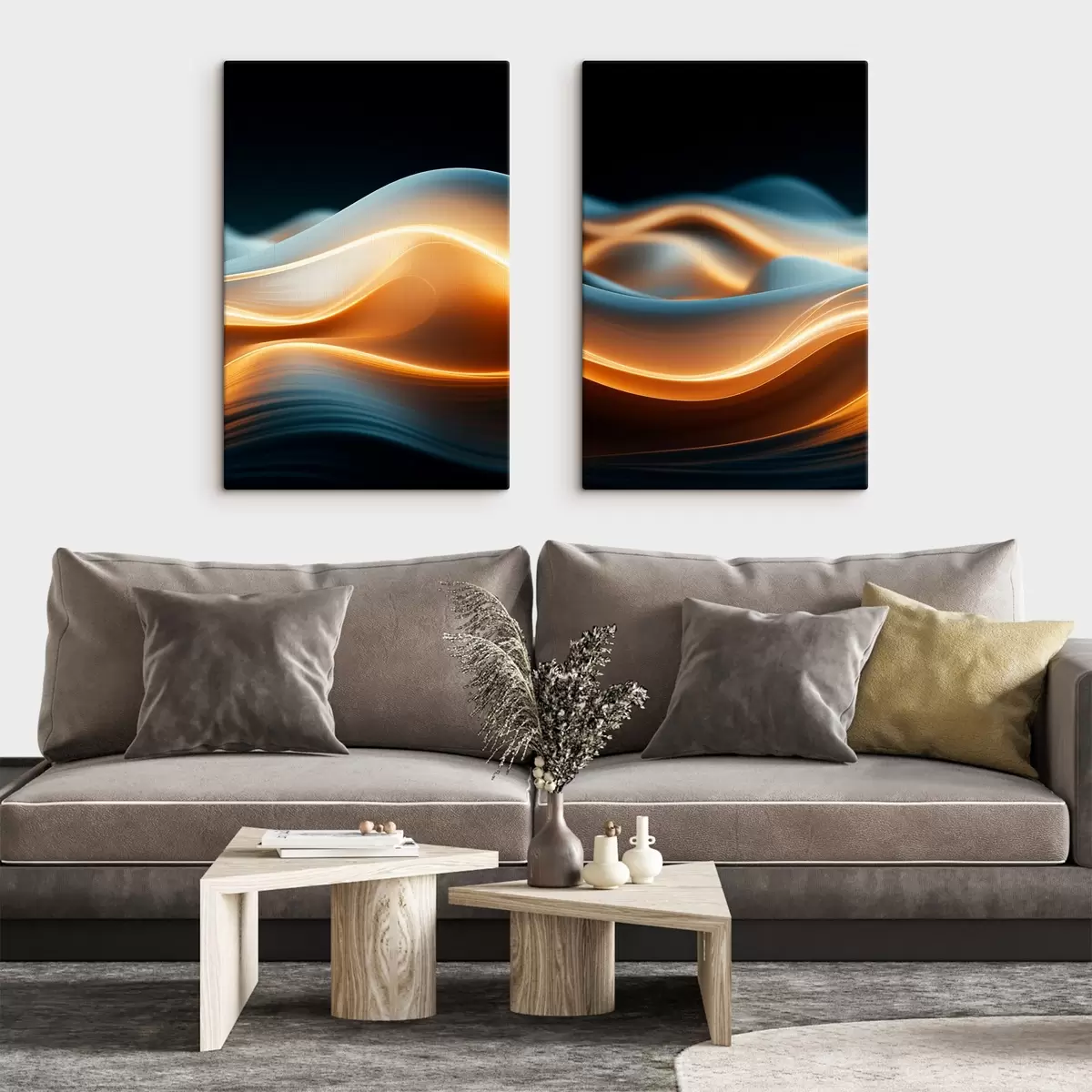 Tableau Formes abstraites et fluides avec des lignes orange, courbes et lignes douces, composition dynamique, fond sombre m00526
