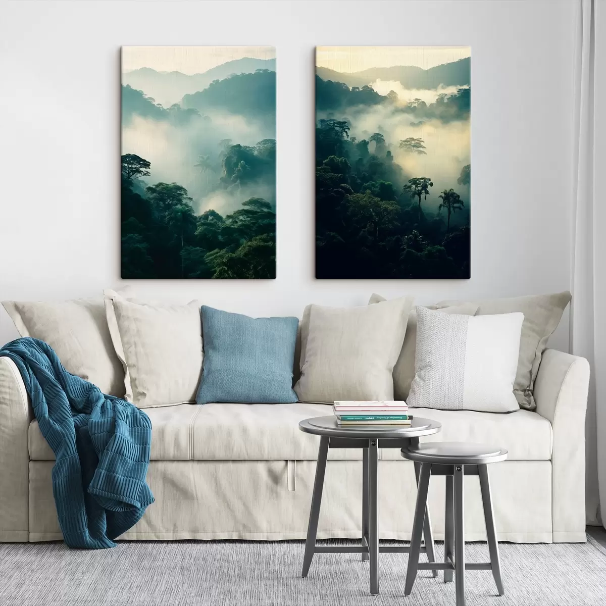 Tableau Forêt tropicale avec des arbres verdoyants et une épaisse couche de brume, créant un environnement atmosphérique m00529