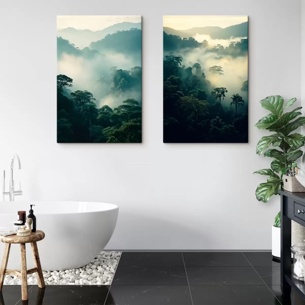 Tableau Forêt tropicale avec des arbres verdoyants et une épaisse couche de brume, créant un environnement atmosphérique m00529