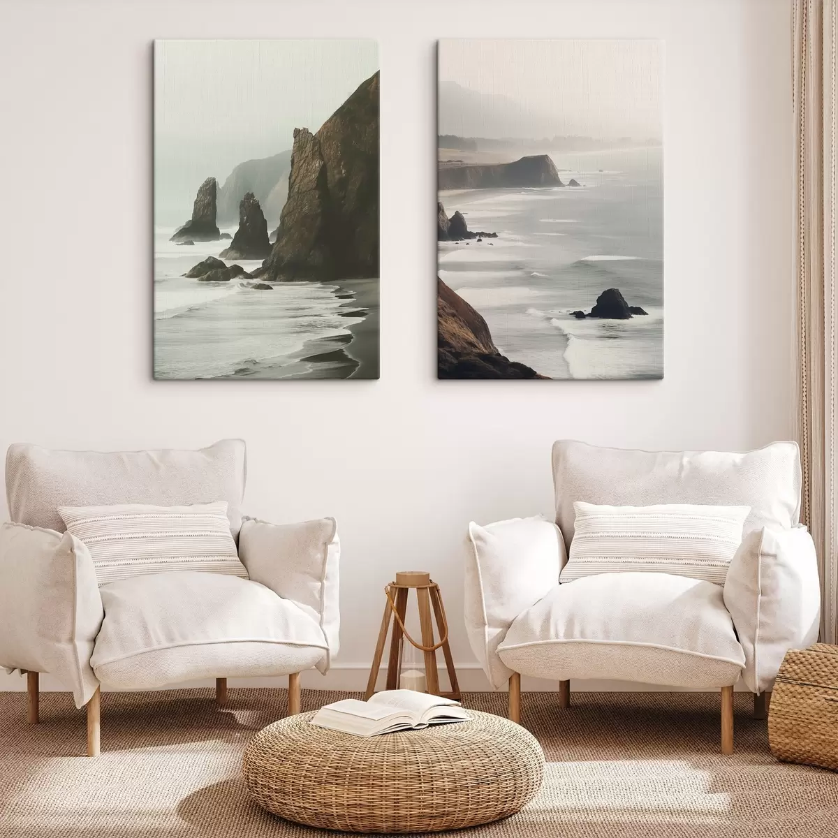 Tableau Falaises rocheuses et côte maritime, vagues s'écrasant sur le rivage, paysage à l'atmosphère lunatique, tons terreux m00531