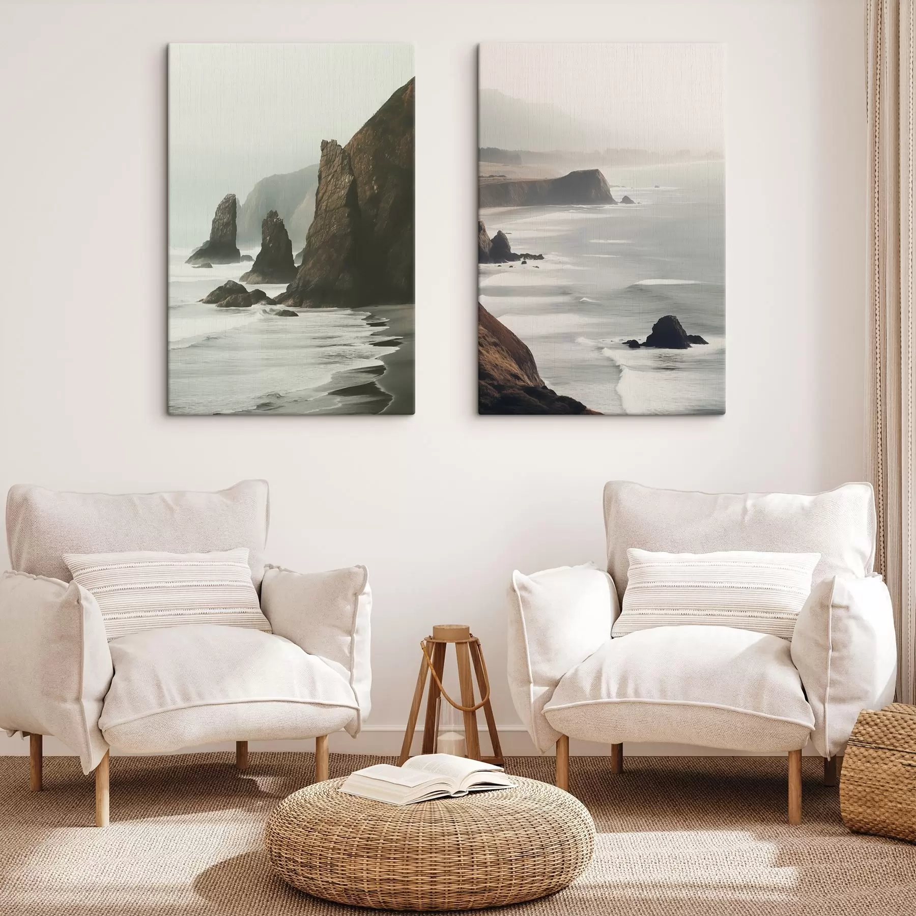 Tableau Falaises rocheuses et côte maritime, vagues s'écrasant sur le rivage, paysage à l'atmosphère lunatique, tons terreux m00531