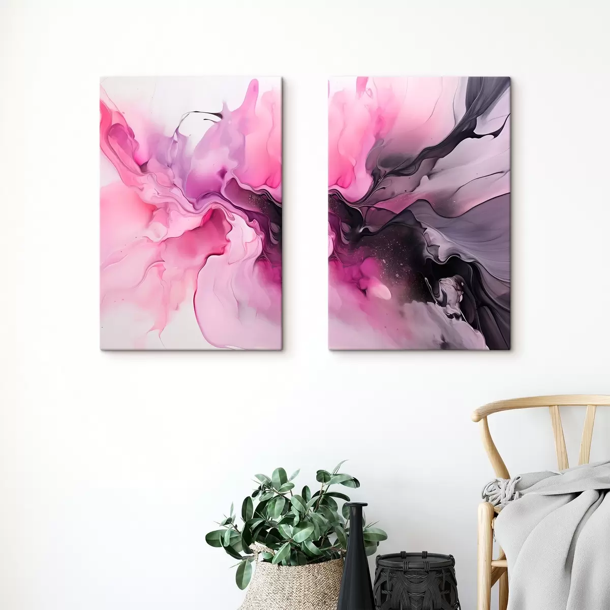 Tableau Des tourbillons abstraits de rose, de violet et de noir se fondent dans une composition fluide et organique, créant une impression de mouvement  m00532