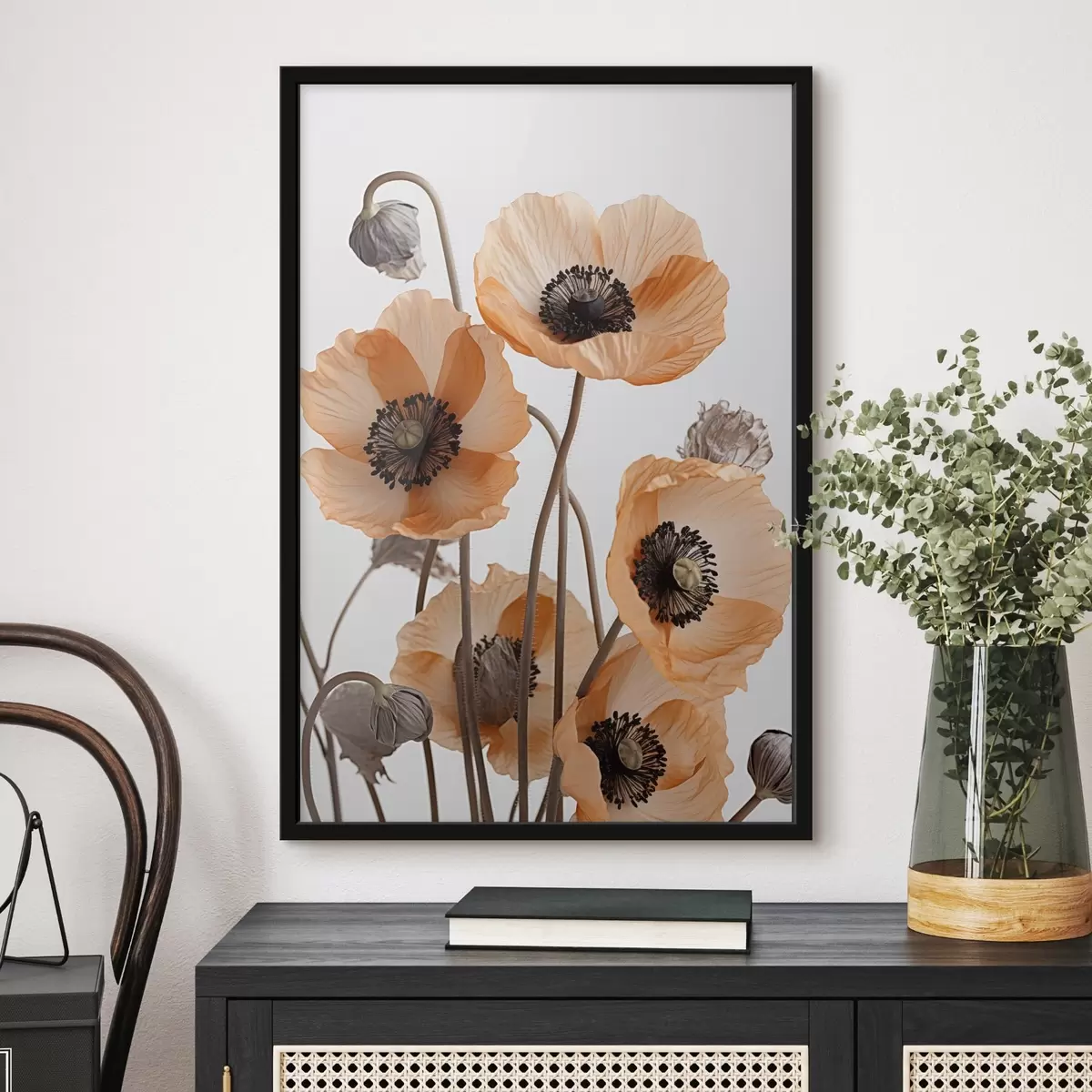 Poster Coquelicots orange, fleurs séchées sur fond clair, éclairage doux, pétales délicats, arrangement floral f45167