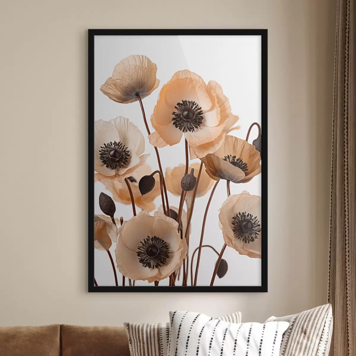 Poster Coquelicots orange, fleurs séchées sur fond clair, éclairage doux, pétales délicats, arrangement floral f45168