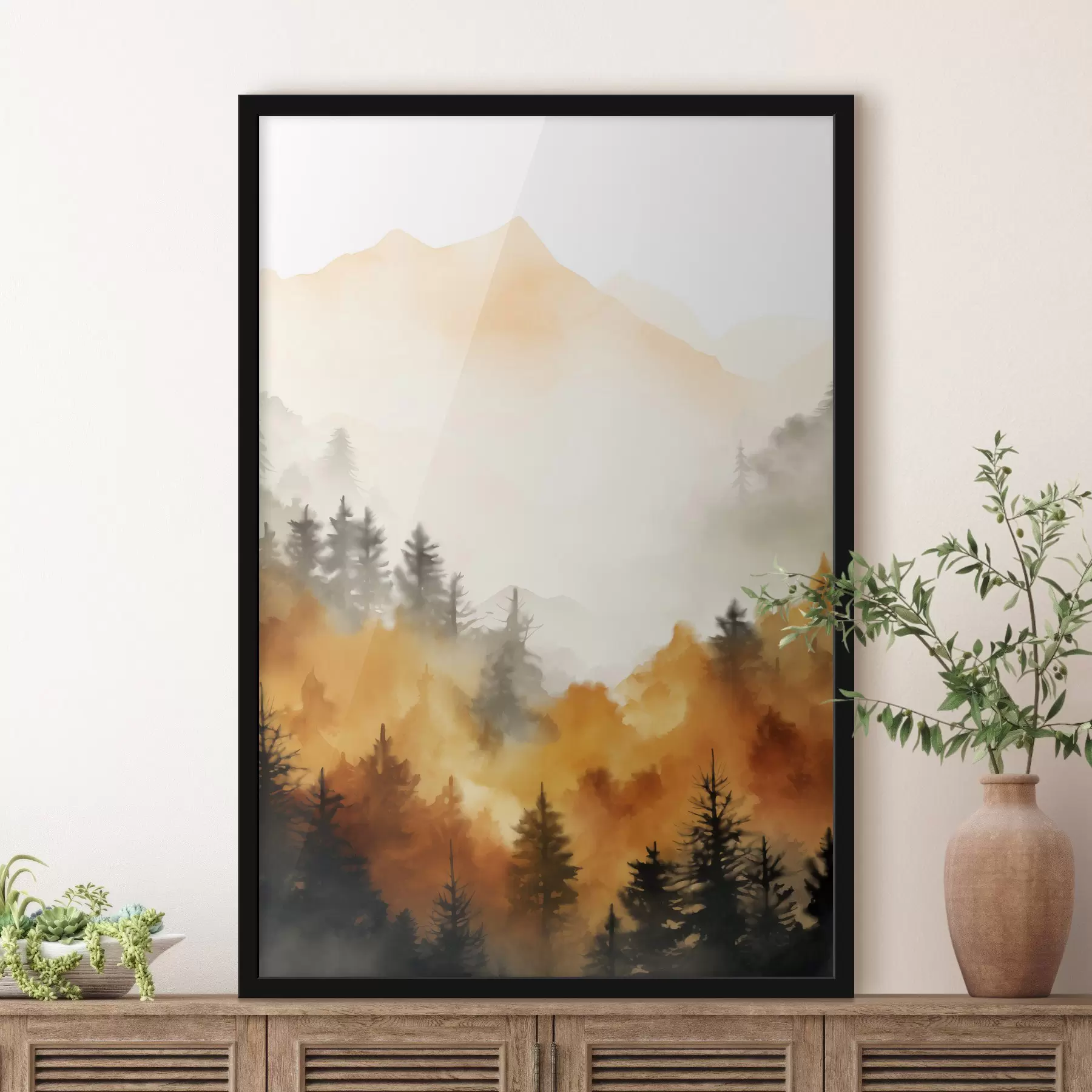 Papier peint Peinture aquarelle d'un paysage imitant une forêt avec de grands pins et des montagnes en arrière-plan f45169