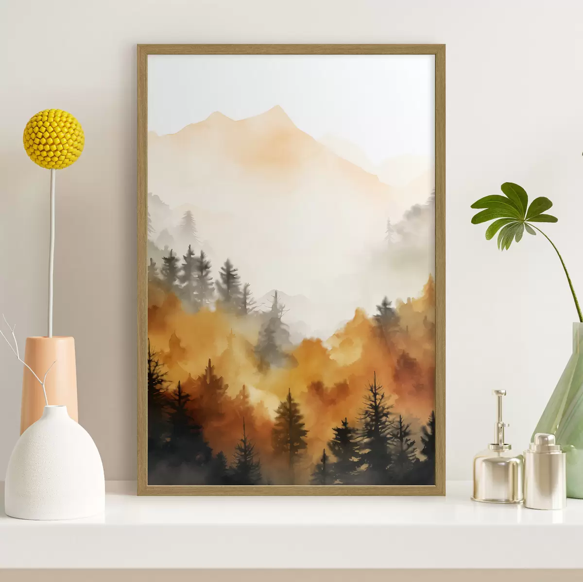 Poster Peinture aquarelle d'un paysage imitant une forêt avec de grands pins et des montagnes en arrière-plan f45169