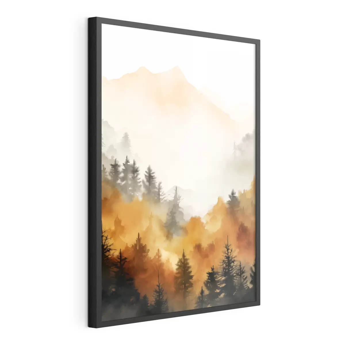 Poster Peinture aquarelle d'un paysage imitant une forêt avec de grands pins et des montagnes en arrière-plan f45169