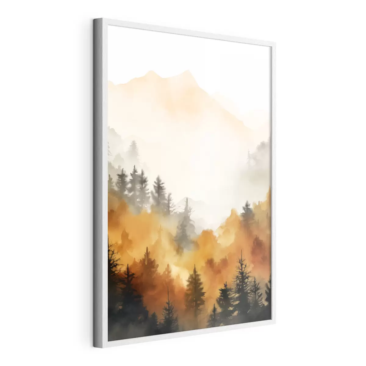 Poster Peinture aquarelle d'un paysage imitant une forêt avec de grands pins et des montagnes en arrière-plan f45169
