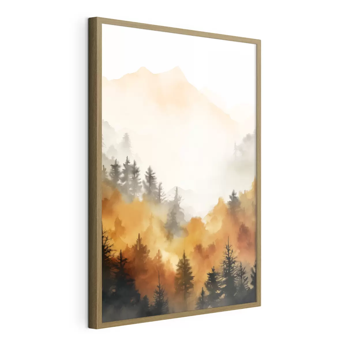 Poster Peinture aquarelle d'un paysage imitant une forêt avec de grands pins et des montagnes en arrière-plan f45169
