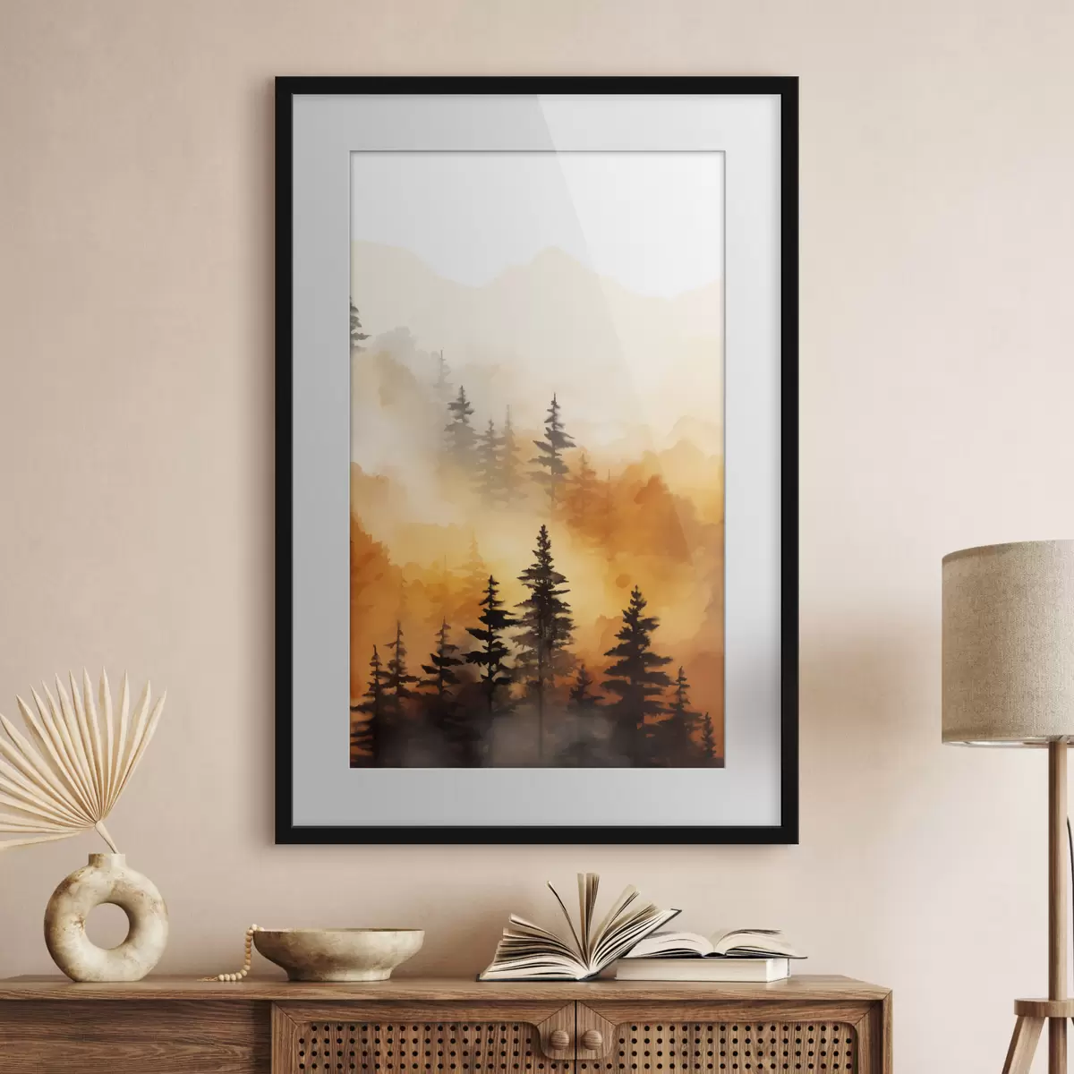 Poster Peinture aquarelle d'un paysage imitant une forêt avec de grands pins et des montagnes en arrière-plan f45170
