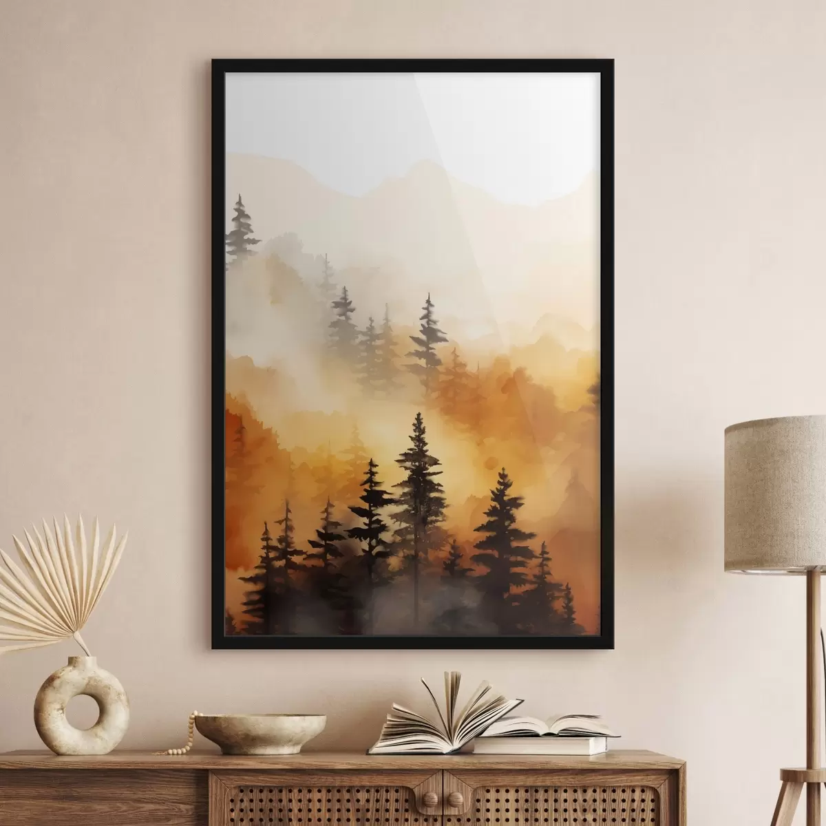 Poster Peinture aquarelle d'un paysage imitant une forêt avec de grands pins et des montagnes en arrière-plan f45170