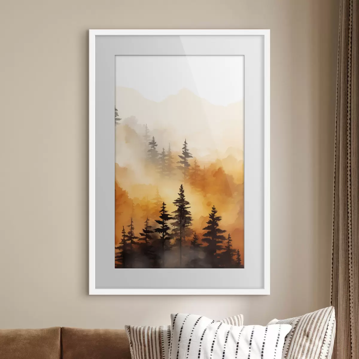 Poster Peinture aquarelle d'un paysage imitant une forêt avec de grands pins et des montagnes en arrière-plan f45170
