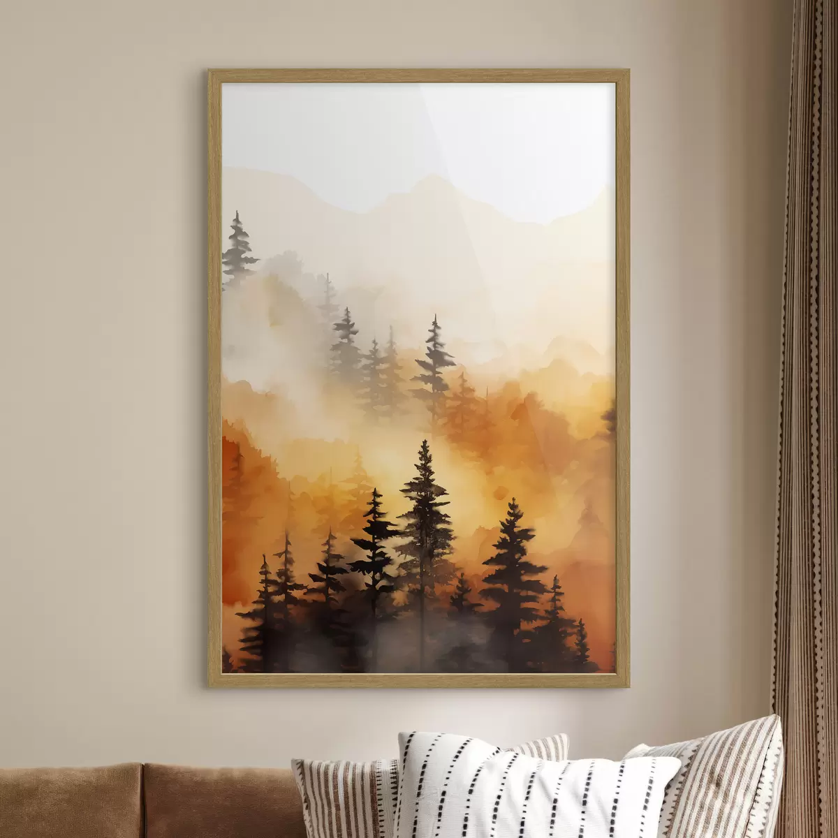 Poster Peinture aquarelle d'un paysage imitant une forêt avec de grands pins et des montagnes en arrière-plan f45170