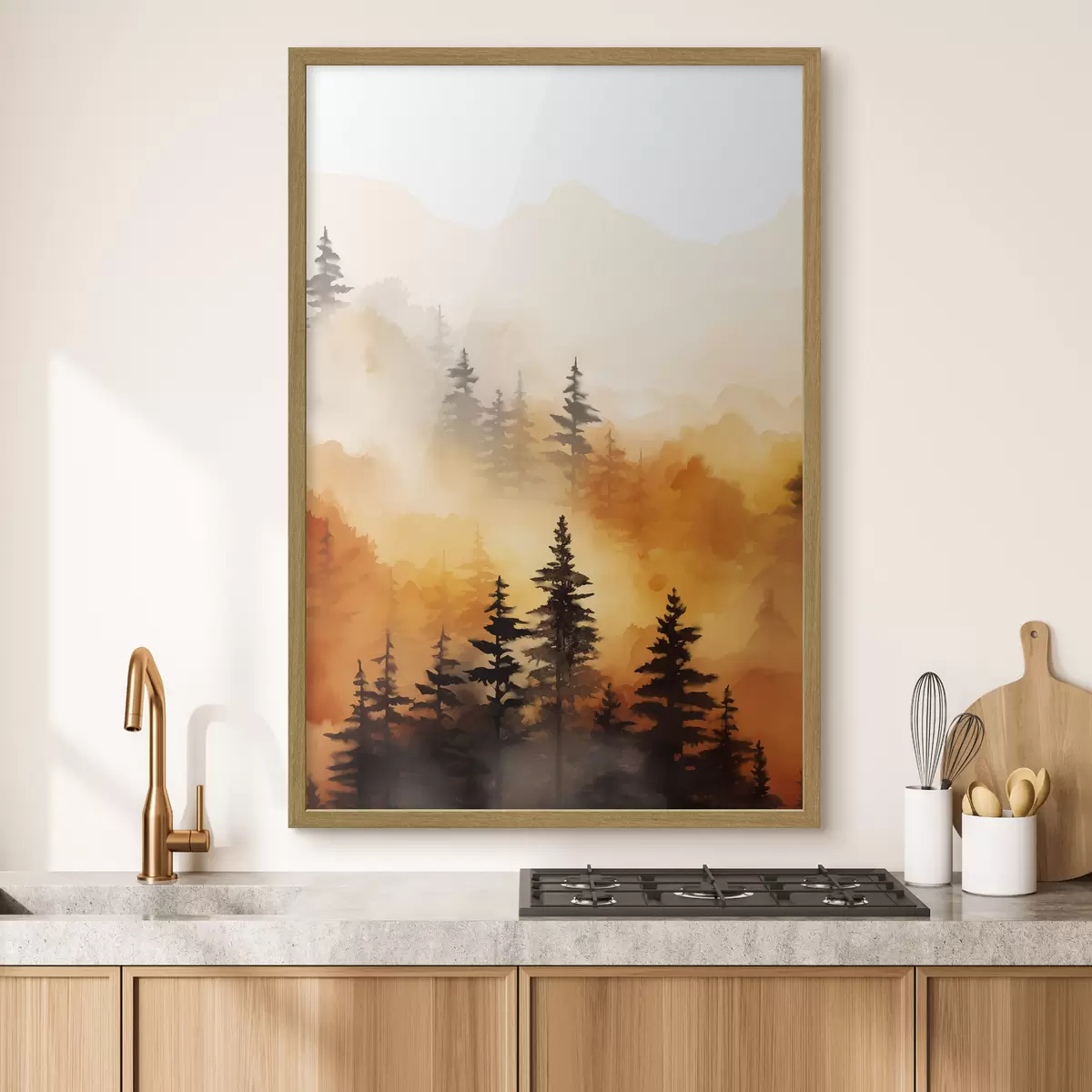 Poster Peinture aquarelle d'un paysage imitant une forêt avec de grands pins et des montagnes en arrière-plan f45170