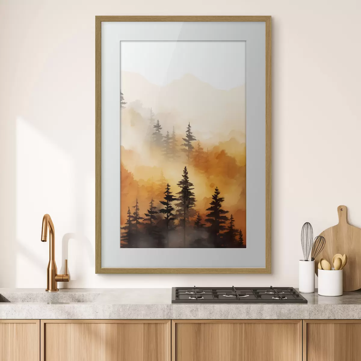 Poster Peinture aquarelle d'un paysage imitant une forêt avec de grands pins et des montagnes en arrière-plan f45170