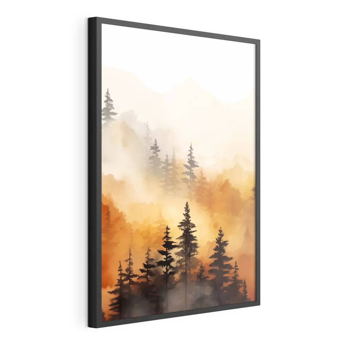 Poster Peinture aquarelle d'un paysage imitant une forêt avec de grands pins et des montagnes en arrière-plan f45170