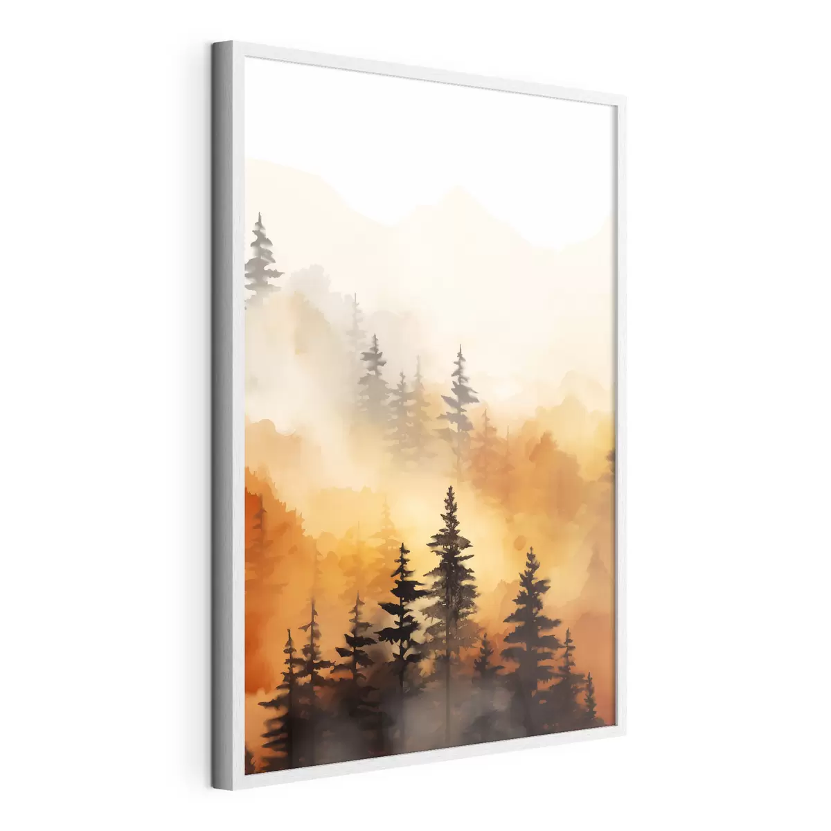 Poster Peinture aquarelle d'un paysage imitant une forêt avec de grands pins et des montagnes en arrière-plan f45170