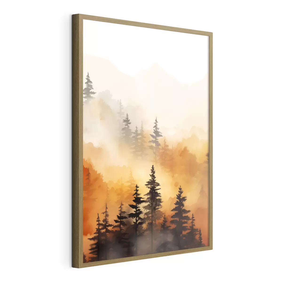 Poster Peinture aquarelle d'un paysage imitant une forêt avec de grands pins et des montagnes en arrière-plan f45170