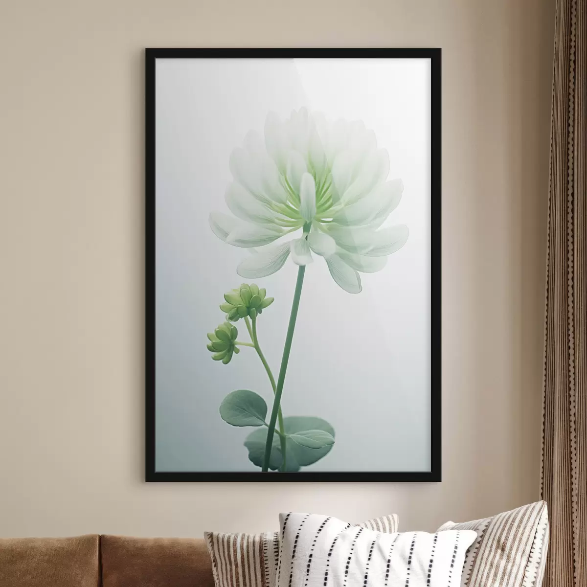 Poster Fleur de trèfle blanc avec tige et feuilles vertes, éclairage doux, arrière-plan propre, composition minimaliste, botanique f45171