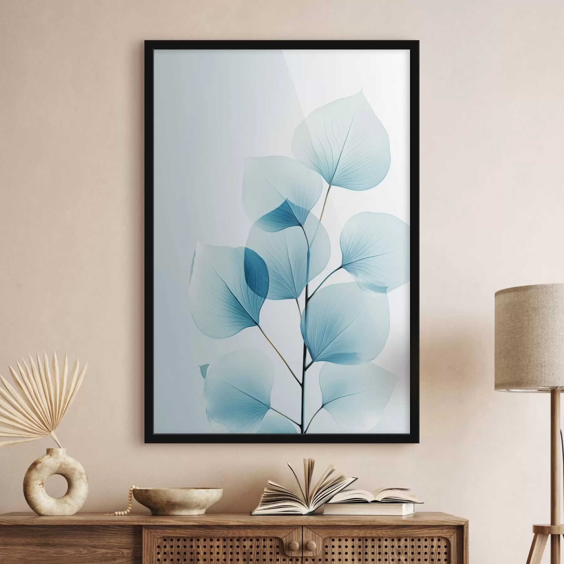 Papier peint Branche avec des feuilles bleues translucides, veines délicates visibles, composition légère et calme, esthétique minimaliste f45175