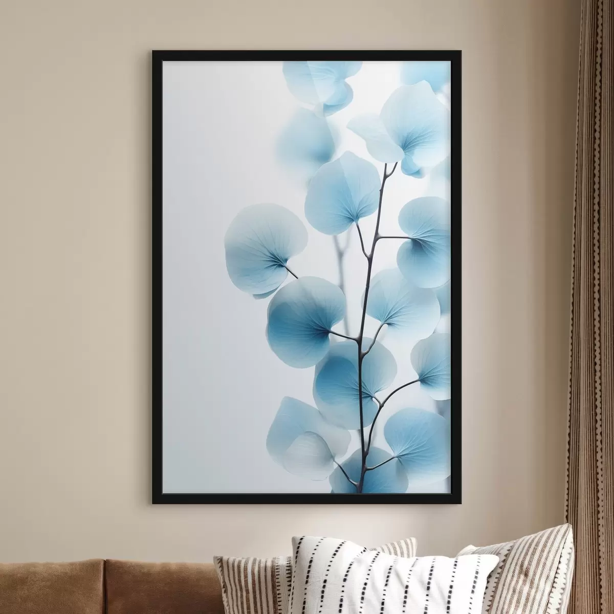 Poster Branche avec des feuilles bleues translucides, veines délicates visibles, composition légère et calme, esthétique minimaliste f45176