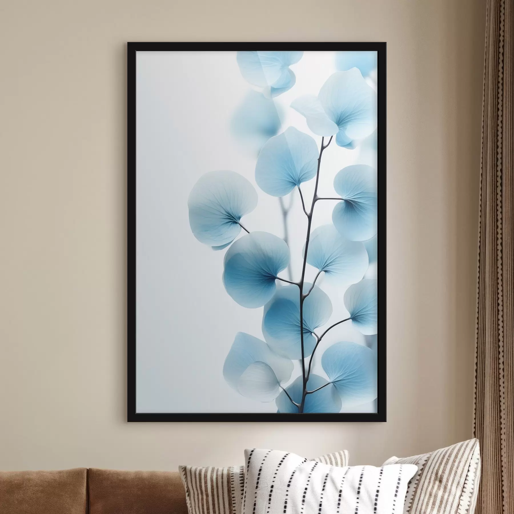 Papier peint Branche avec des feuilles bleues translucides, veines délicates visibles, composition légère et calme, esthétique minimaliste f45176