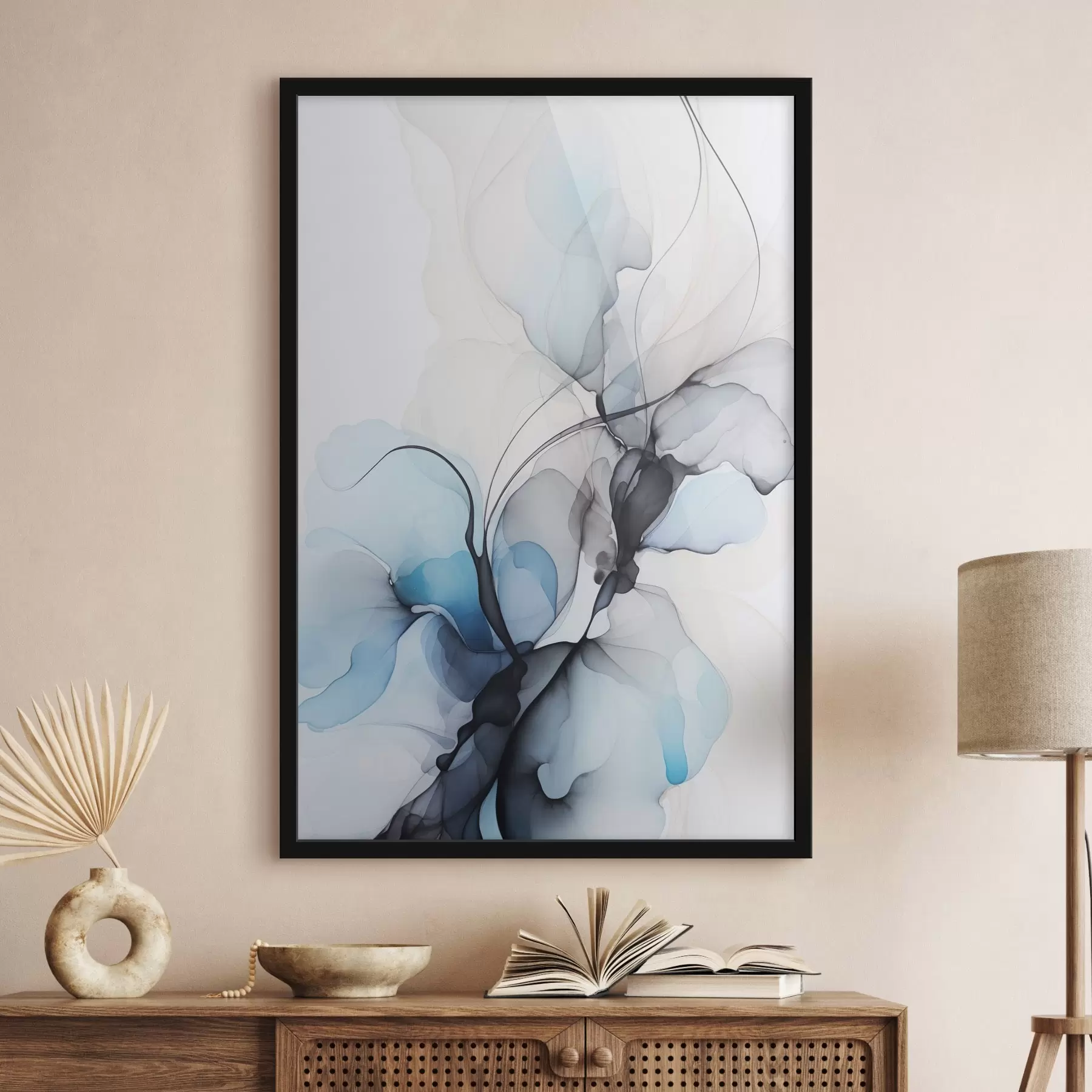 Papier peint Composition abstraite avec des lignes fluides et des pétales translucides dans les tons bleu blanc et beige, imitation encre à l'alcool f45177