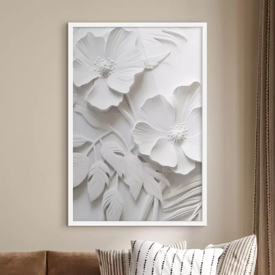 Papier peint Fleurs blanches décoratives minimalistes avec feuilles, imitation relief, fond blanc f45179